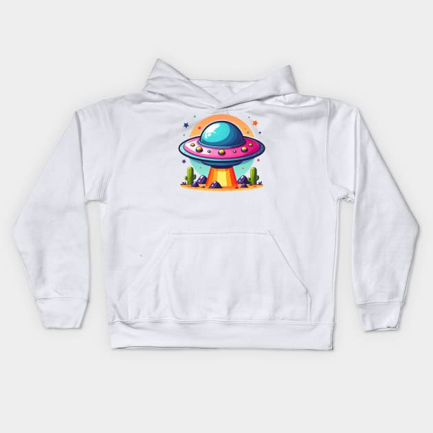 Colorful UFO Flying Saucer Over Desert Kids Hoodie by AhmedPrints